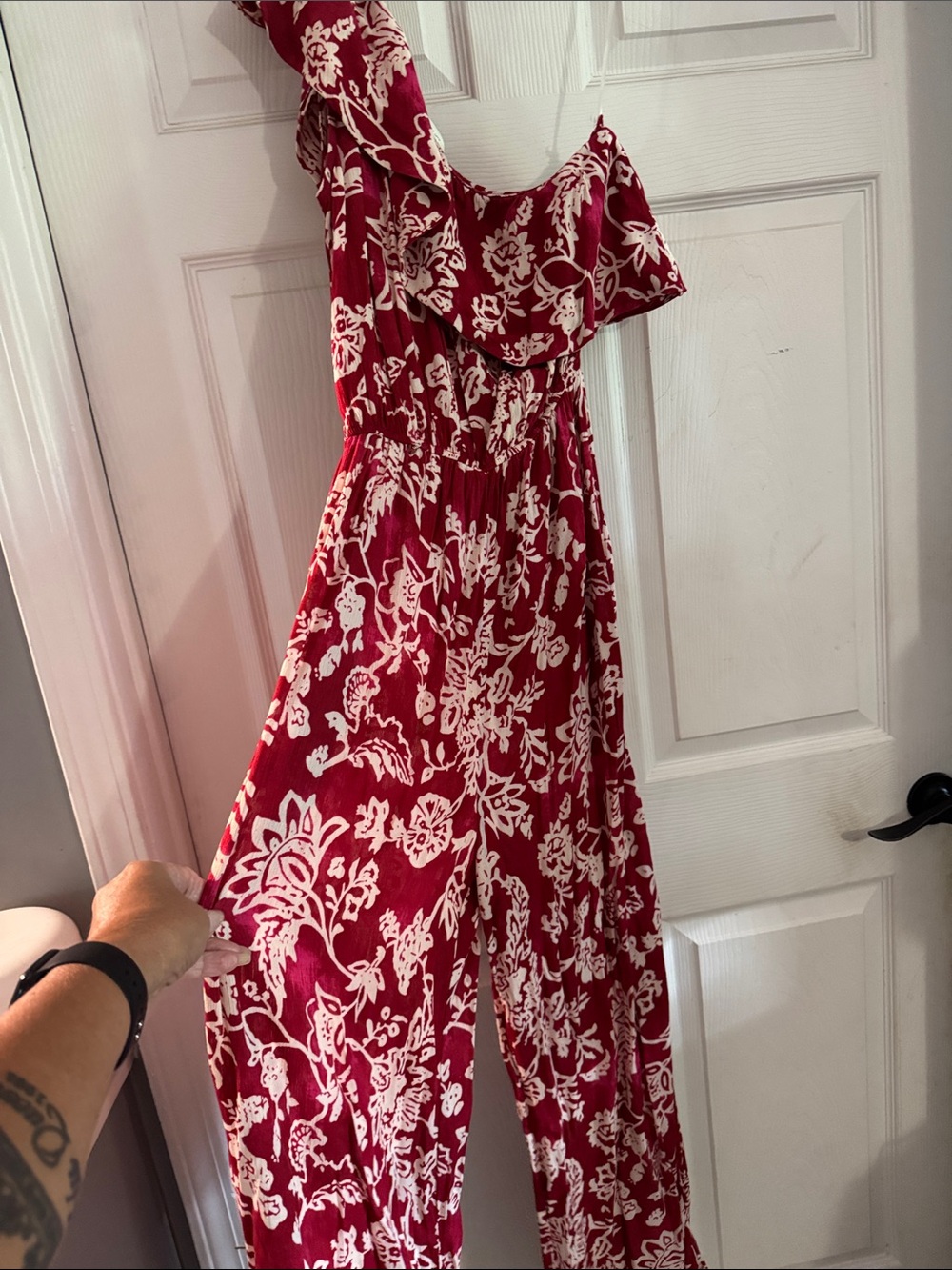 LOFT Red and White Floral One-Shoulder Jumpsuit